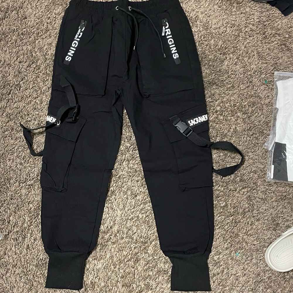 Men's Black Cargo Jogger Pants with Utility Straps